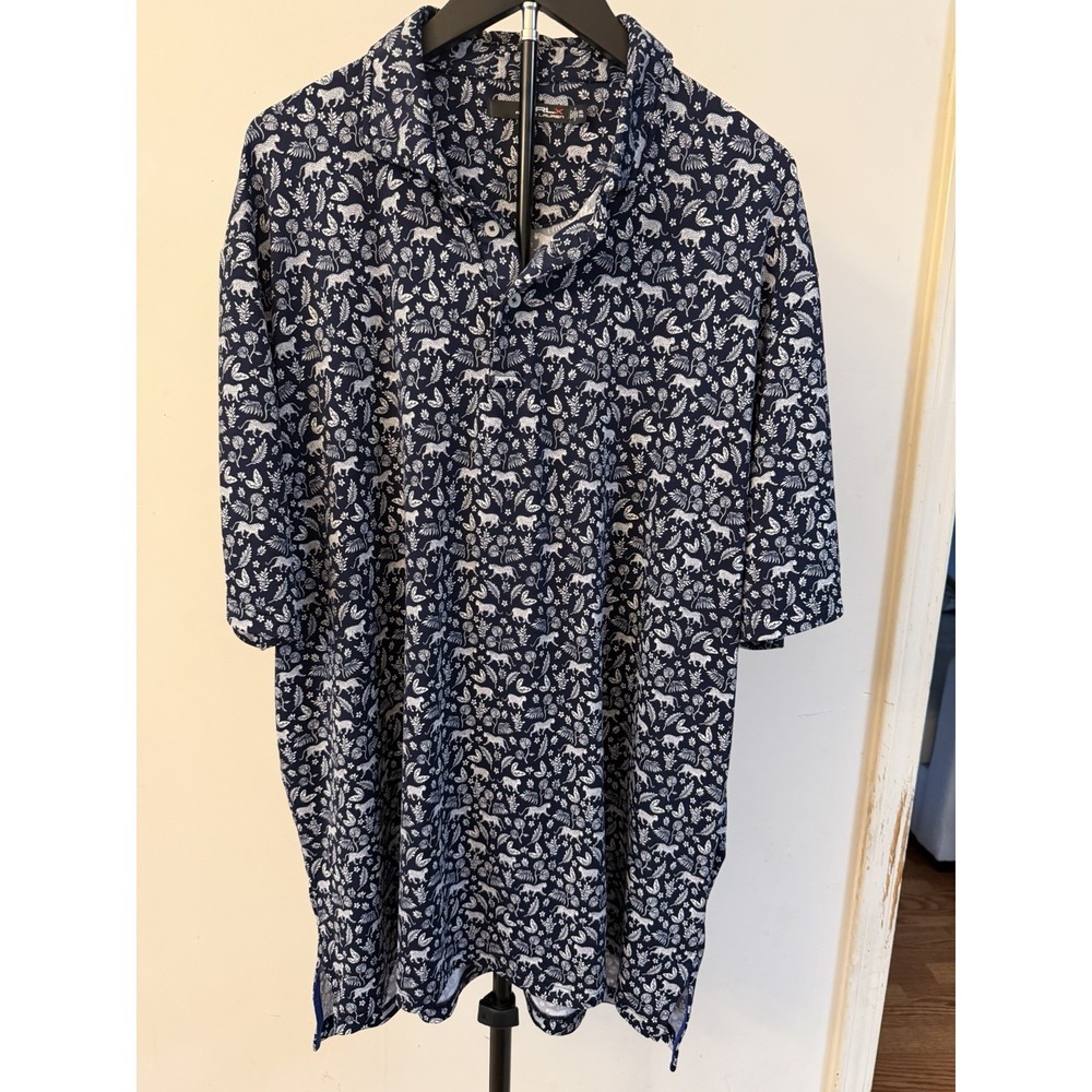 RLX Ralph Lauren Polo Shirt Mens 2XL Navy Blue Leopard Print Golf Performance